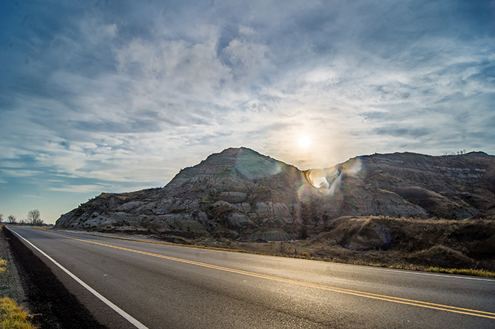 Causing Highway 1806 to jut outwards, Eagle Nose Butte plays a significant history of the Mandan people. 